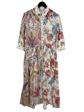 Anjuna Collection Button-Front Paisley Floral Maxi Dress Size Medium 100% Linen